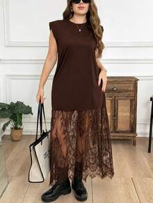 Easowa Curve Plus Size Women Solid Color Contrast Lace Hem Elegant Normal Sleeveless Dress Tea Party Formal Birthday Brown Summer - Brown - View 6