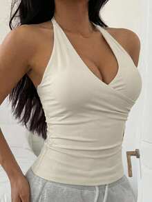 DAZY V-Neck Halter Sleeveless Padded Tank Top Bra Solid Color Women's Sports Bra - Beige - View 3
