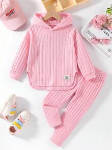 Elladie kids 女童新款粉色連帽長袖上衣與鬆緊腰休閒寬鬆軟針織長褲 2件套，春秋款 - 粉色 - 查看 3