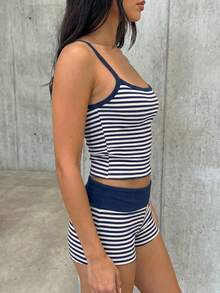 SHEIN EZwear 夏季對比色條紋細肩帶背心與短褲套裝 - 藍白色 - 查看 4