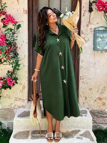 Vionelle Plus Size Women's Metal Starfish Decor Casual Elegant Party Vacation Dress Dark Green Summer - Army Green - View 6