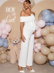 Loomaby Elegant Solid Color Knot Jumpsuit For Pregnant Women Party Dress Gender Reveal Dress Maternity Dress Baby Shower Dress - Apricot - View 10