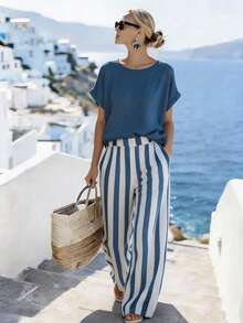 Selamara Set de 2 piese pentru femei, stil casual, stil vacanță, top lejer cu mânecă scurtă și pantaloni largi cu imprimeu în dungi, primăvară/vară - Albastru - Vizualizare 1