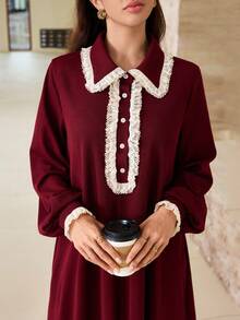 SHEIN Najma Women's Casual Elegant Arabian Dress With Polo Collar, Contrast Color Patchwork, Lace Trim, Long Sleeves, Button Front, Flared Hem And Textured Fabric - Burgundy - View 6