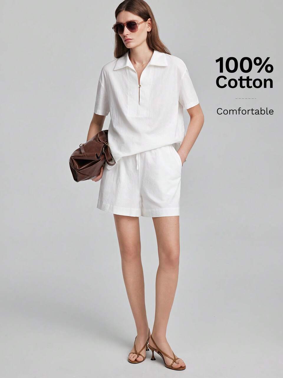 2026 New Summer Women's 2-Piece Set Loose Fit White Long Sleeve Shirt Woven Deep V-Neck Button Lapel Drop Shoulder Casual Commute Vacation Outfit