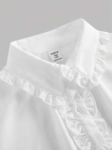 SHEIN Kids Teen Girls Blouses Spring Summer Autumn Winter New Woven White Loose Casual Simple Comfortable Daily Casual School Style White Ruffle Puff Sleeve Elegant Frill Edge Button Front, Shirt, Long Sleeve Top, Back To School Outfit, Versatile Shirt - White - View 3