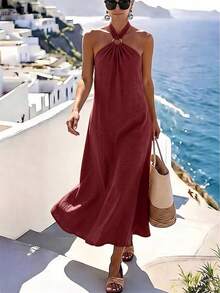 SHEIN Holidaya Women's Elegant Jamican Sexy Halter Neck Beach Vacation Dress, Dark Red Slimming A-Line, Sleeveless Full Skirt Mediterranean Style, Ring Buckle Summer - Burgundy - View 1