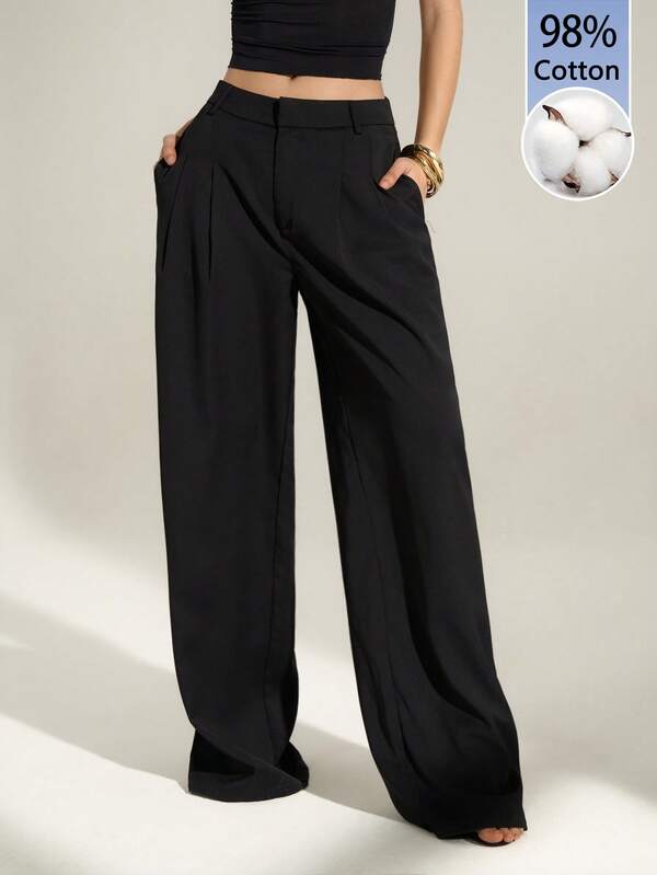 SHEIN PETITE Old Money Sexy Business Casual High Waist Pleated Wide Leg Pants – Elegant Solid Color Loose Trousers, Professional Office Wear, Chic Tailored Work Pants For Women Black Dress Pants Loose Pants