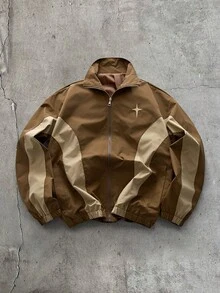 AXEPEAK Men's Embroidered Contrast Color Zipper Placket Long Sleeve Versatile Jacket - Brown - View 3