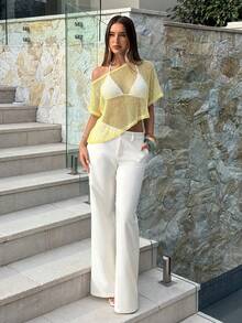 Aloruh Top asymétrique en tricot transparent de couleur unie pour femmes - Jaune clair - Voir 4