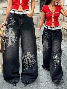 Coolane 女款夏秋街頭風外出穿搭 龐克休閒復古水洗十字印花純棉黑色寬鬆低腰寬腿牛仔哈倫褲 - 黑色 - 查看 2