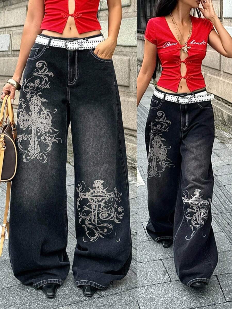 Coolane 女款夏秋街頭風外出穿搭 龐克休閒復古水洗十字印花純棉黑色寬鬆低腰寬腿牛仔哈倫褲