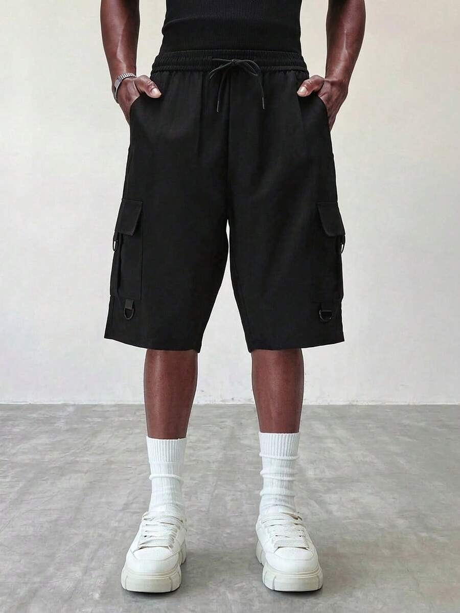 STYNVO Pantalones cortos cargo casuales de uso diario para hombre de talla grande, unicolor, con cintura de cordón y bolsillos - Negro - Ver 1