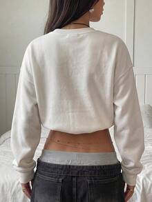 SHEIN EZwear 休閒極簡個性化東方豹紋圖案圓領長袖加厚寬鬆女款衛衣，適合秋季、大學、畢業季、秋季上衣，適用於日常通勤、聚會、秋冬/夏季、聖誕節、新年、感恩節、派對、婚禮、海灘、畢業典禮、優雅、外出、約會、通勤、情人節 - 白色 - 查看 2