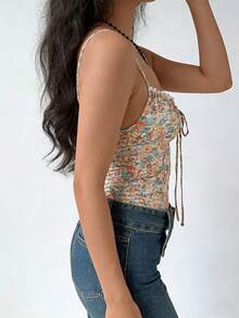 Cévolie Plus Size French Floral Cami Top, Lace Trim Ruched Front Slim Fit Corset Style Spaghetti Strap Blous - Multicolor - View 3