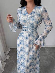 Modelyn Petite Vestido de Verão Elegante para Mulher Petite, Azul com Estampa Floral, Cintura Marcada, Botões, Decote em V, Mangas com Punhos Alargados, para Férias e Chá da Tarde - Multicolorido - Ver 6