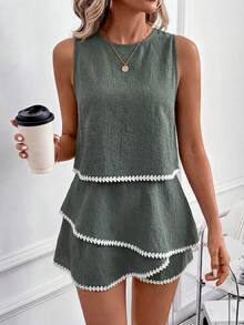 SHEIN Clasi 女款圓領拼色上衣與裙褲休閒日常兩件套 - 綠色 - 查看 5