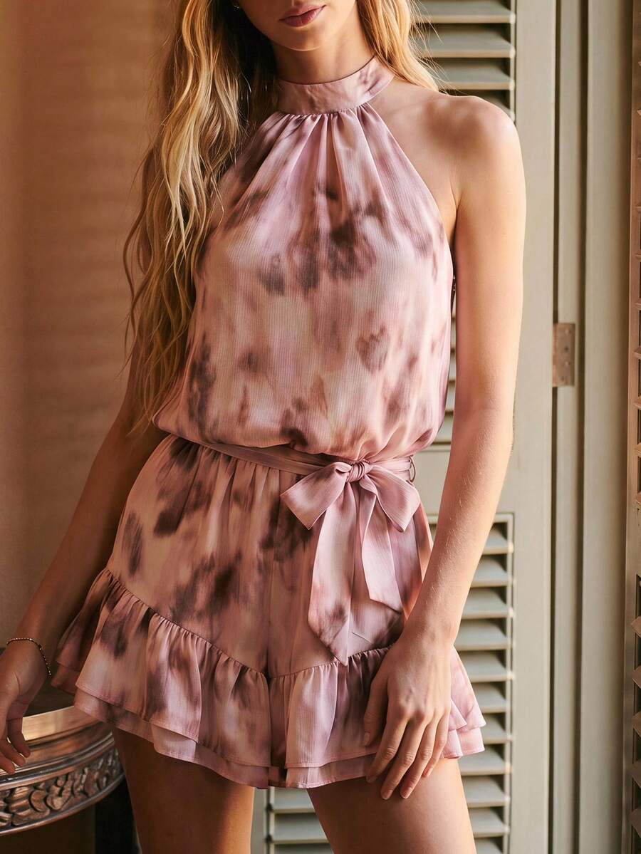 Willow Rêve 女款灰粉色水彩印花掛脖連身褲,波西米亞熱帶浪漫風,度假早午餐夏季穿搭 - 彩色 - 查看 1