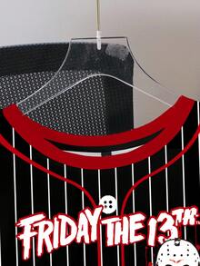 WB Horror X SHEIN FRIDAY THE 13TH Men's Letter Stripe Crew Neck Short Sleeve Casual Loose Fit T-Shirt - White - View 5