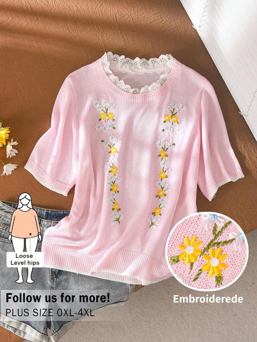 CosyJoli 大尺碼花卉刺繡短袖毛衣