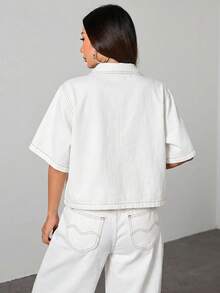 SHEIN 青少年女孩短袖單排扣休閒牛仔夾克 - 白色 - 查看 2