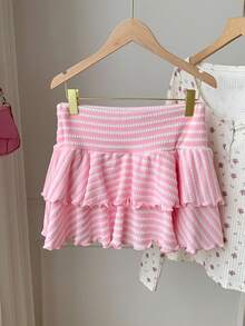 Comfortcana Women's Pink And White Striped Double Layer Ruffle Hem A-Line Short Skirt For Summer Going Out Beach Vacation Cute Y2k - Pink - View 5