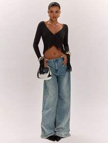 SHEIN BAE Top corto sexy de moda para mujer estilo francés con flecos en el bajo - Negro - Ver 4