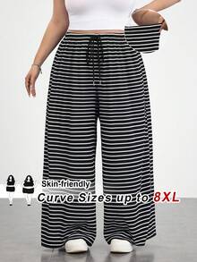 SHEIN CURVE+ 女款黑白條紋休閒抽繩大尺碼長褲，適合秋季/居家穿著 - 黑與白 - 查看 1