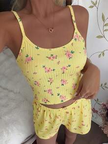 CottageSlumber 2pcs/Set Sweet Floral Camisole & Shorts Loungewear Set For Summer - Yellow - View 3