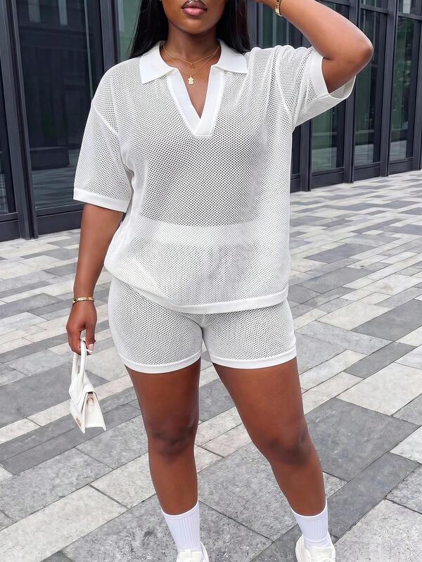 Slaydiva New Women's Loose Solid White V-Neck Drop Shoulder Casual Vacation Style Hollow Knit T-Shirt And Shorts 2-Piece Set Plus Size