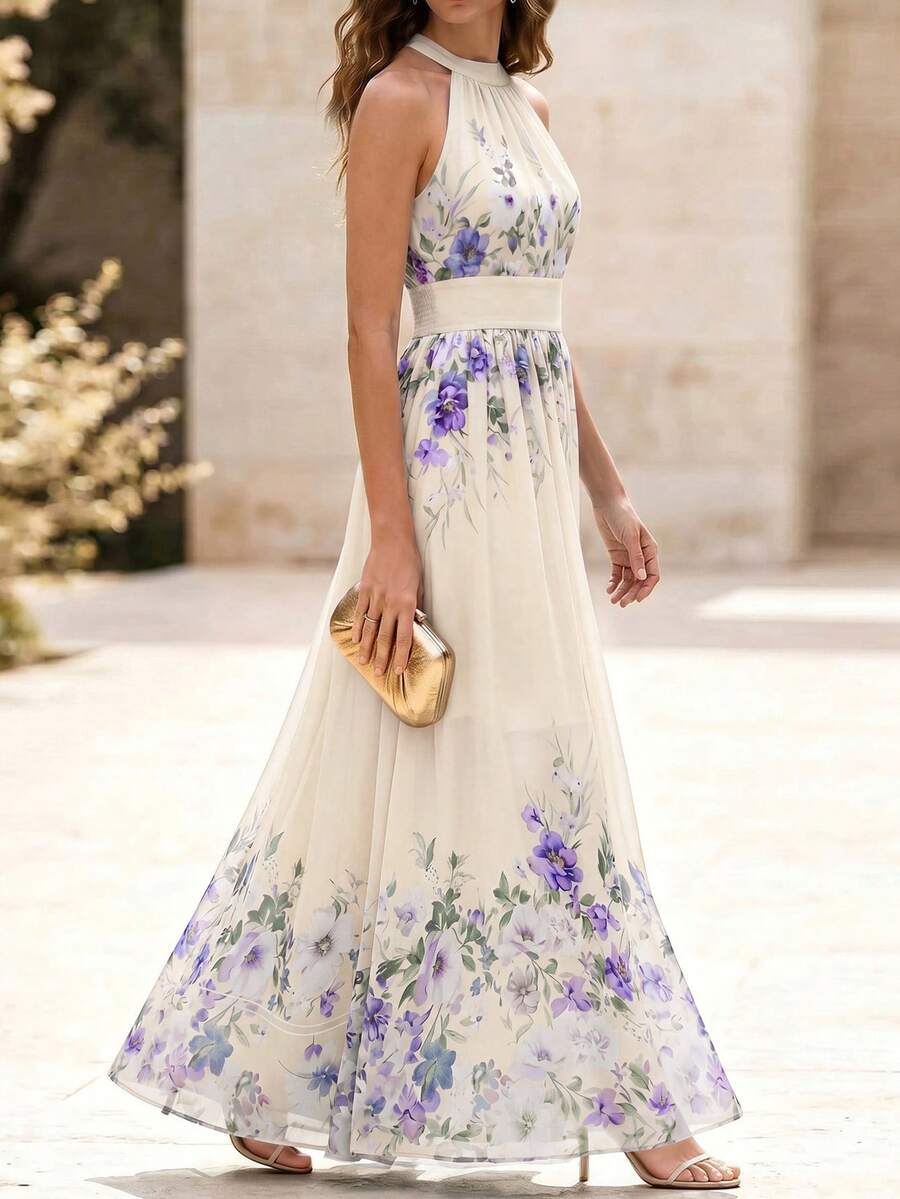 Balvessa 女款雪紡掛脖中長洋裝,局部印花設計,優雅度假風,適合春夏 - 彩色 - 查看 1