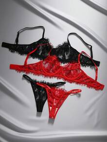 EmpressEnvy 4件套女士纯色透明蕾丝细肩带性感内衣套装 - 彩色 - 查看 2
