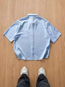 Manfinity Joysei Men's Letter Print Single-Breasted Short Sleeve Pocket Shirt - Baby Blue - View 2