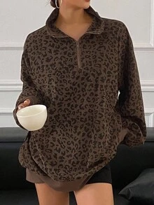 Dazy Tall 女款領口長袖寬鬆豹紋街頭休閒套頭運動衫 - 咖啡棕 - 查看 3