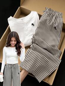 Teenager Mädchen minimalistischer lässiger Luxusstil Pony-Muster Set Halb-Knopf Langarm T-Shirt + Schwarz & Weiß vertikal gestreifte weite Hose 2 Stücke Outfit Frühling/Sommer tägliche Streetwear - Weiss - Übersicht 1
