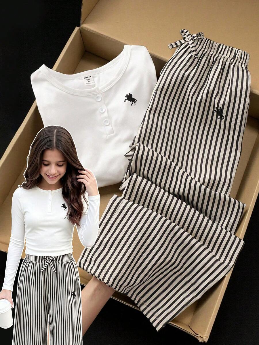 Teenager Mädchen minimalistischer lässiger Luxusstil Pony-Muster Set Halb-Knopf Langarm T-Shirt + Schwarz & Weiß vertikal gestreifte weite Hose 2 Stücke Outfit Frühling/Sommer tägliche Streetwear - Weiss - Übersicht 1
