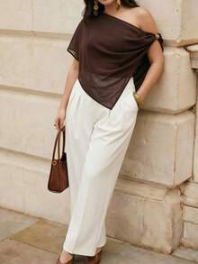 Juhart Solid Deep Chocolate Brown Low Saturation Vintage Elegant Sexy Chiffon Asymmetrical Triangular Hem Shoulder Twisted Knot Sleeve Blouse Vacation Summer - Coffee Brown - View 3