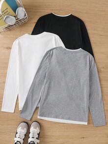 SHEIN 青少年男孩 3件組休閒解構風長袖T恤，黑色、白色、灰色可選 - 彩色 - 查看 3