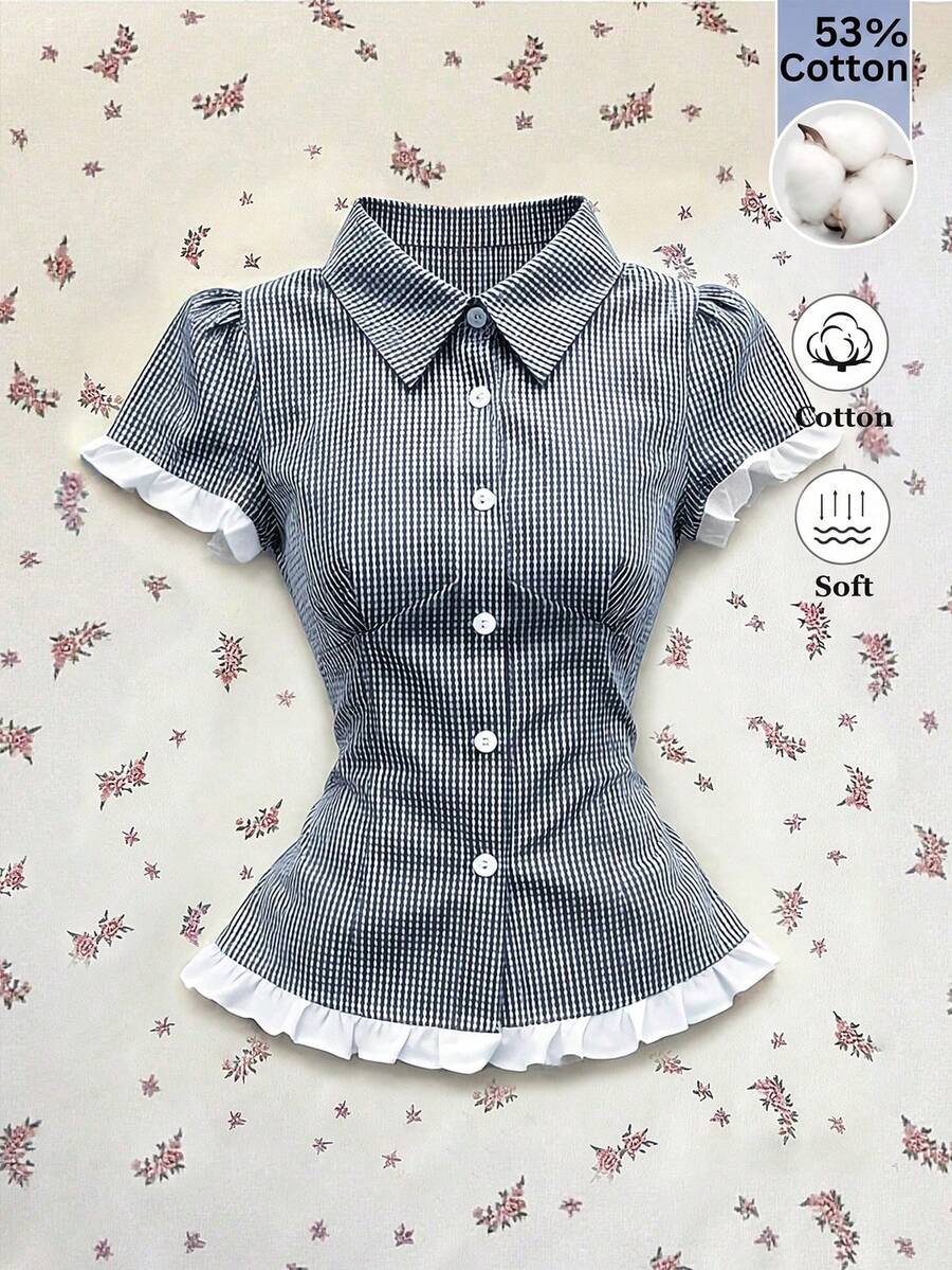 SHEIN Franclia 女款春夏黑白格紋對比蕾絲修身短袖襯衫上衣,適合休閒、鄉村風、野餐、校園、慕尼黑啤酒節 - 黑與白 - 查看 1