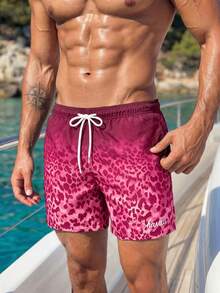 Manfinity Swimmode 男士抽繩腰豹紋漸層色休閒沙灘短褲 - 彩色 - 查看 2