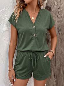 Zayélia Spring And Summer New Fashionable And Casual Military Green Short-Sleeved T-Shirt + Shorts Set - Army Green - View 4