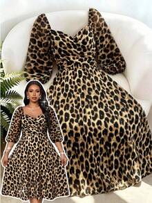SHEIN Lady Plus Size Women's Leopard Print Fashion Date Evening Wedding Guest Holiday Cocktail Party Dress Beige Autumn Elegant Sexy - Multicolor - View 1