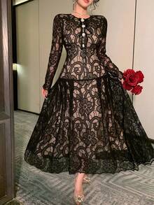 DAZY Gaun Musim Gugur Elegan Leher Bulat Lengan Panjang dengan Ikat Pinggang, Renda Hitam, Potongan Ramping, Panjang Sedang - Hitam - View 8