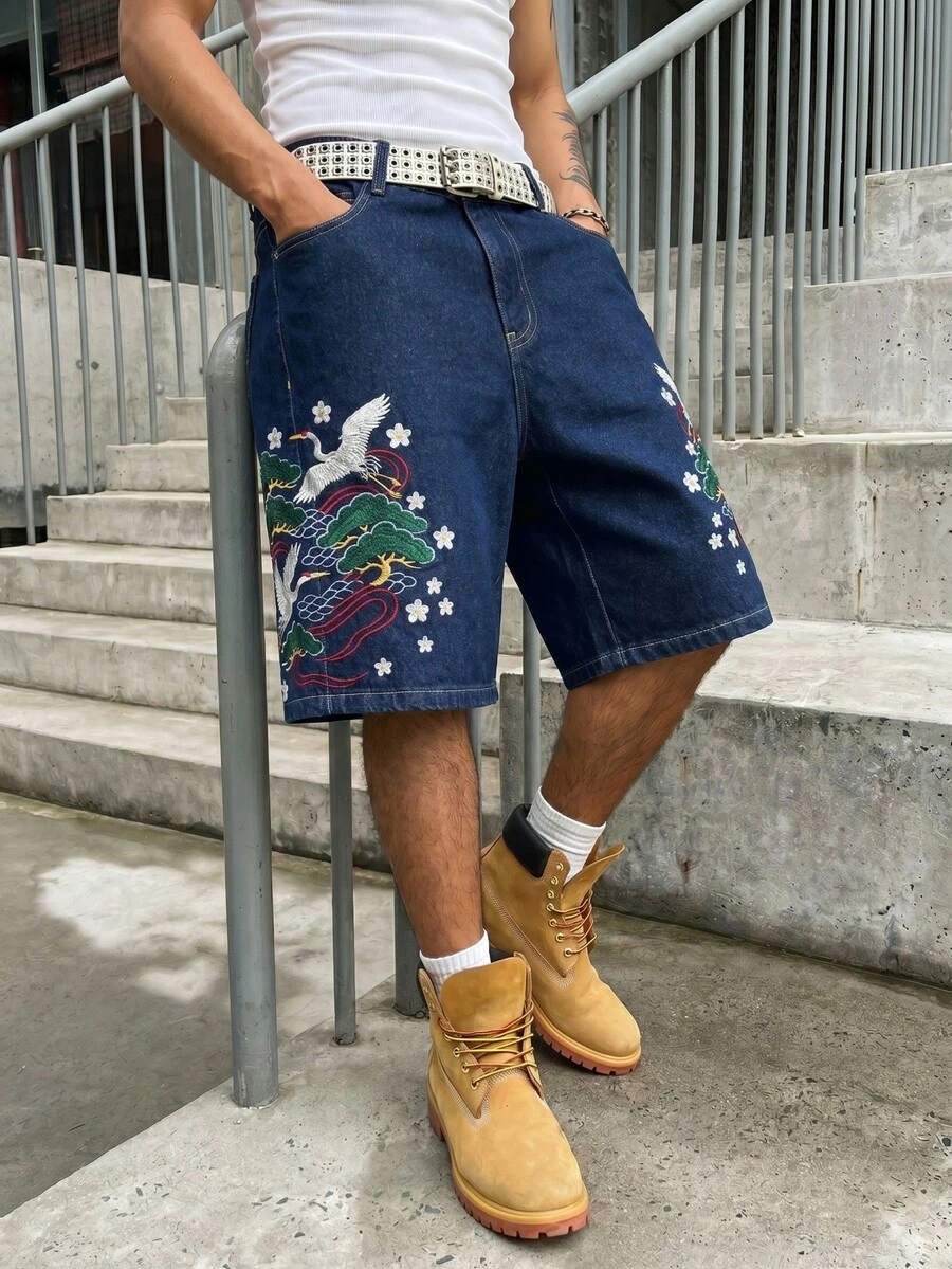 Manfinity EMRG 男士休閒街頭風刺繡藍色牛仔短褲 - 深色水洗藍 - 查看 1