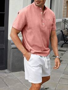 Manfinity Homme Set de 2 piezas de camisa de manga corta con botones lisos y pantalones cortos con cordón en la cintura para hombre - Rosa - Ver 3