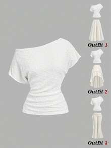 SHEIN MOD 女款純色不對稱肩抓皺修身休閒夏季T恤 - 白色 - 查看 2
