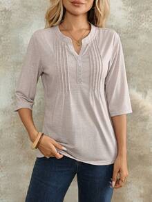 EMERY ROSE Women's Solid Color V-Neck 3/4 Sleeve Casual T-Shirt Office Light Grey Summer T Shirts For Women Autumn Outfits For Women - Apricot - View 7