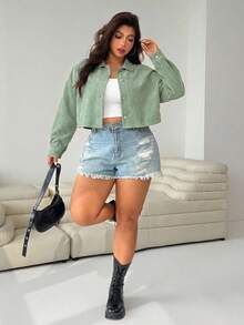 SHEIN EZwear Women's Plus Size Mint Green Cropped Jacket Fall - Mint Green - View 3