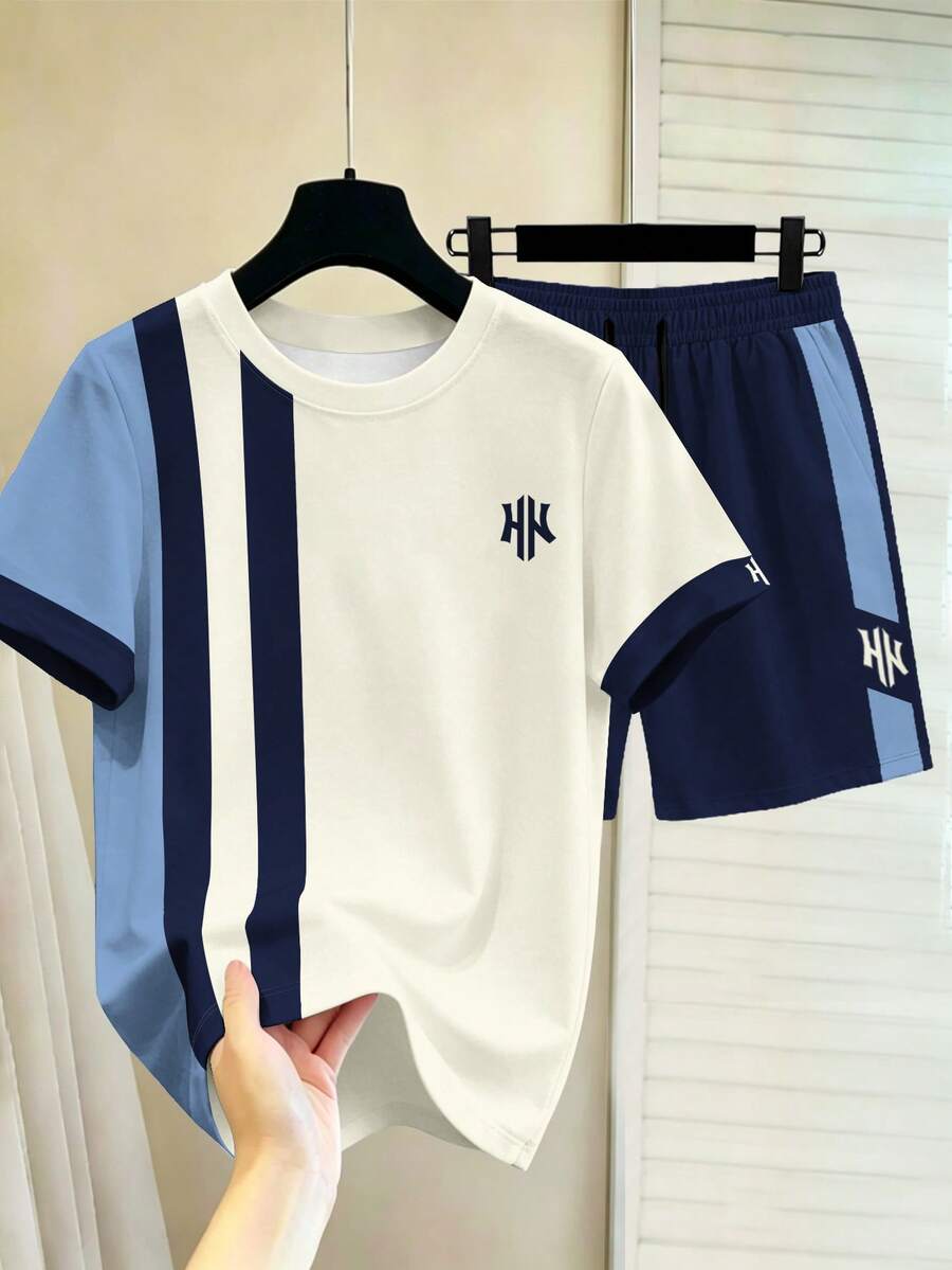 Manfinity Hypemode Men's Casual Color Block Patchwork H Small Logo Icon Short Sleeve T-Shirt, Men's Crew Neck T-Shirt Set, Unisex Versatile Casual Sports Short Sleeve Crew Neck T-Shirt Set - Multicolor - View 1