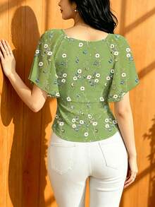 Modelyn 女款精緻碎花上衣，夏季時尚方領百褶飄逸袖設計，深綠色雪紡花卉圖案上衣，適合日常穿著 - 彩色 - 查看 2